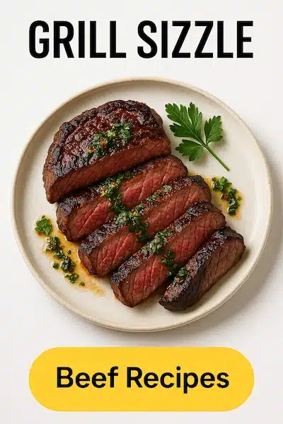 20250414_0011_Grill Sizzle Recipe Card_simple_compose_01jrrpmd40e7zrdrs8n375a6z3 Sliced grilled beef steak with chimichurri sauce and parsley garnish – tender and juicy beef recipe